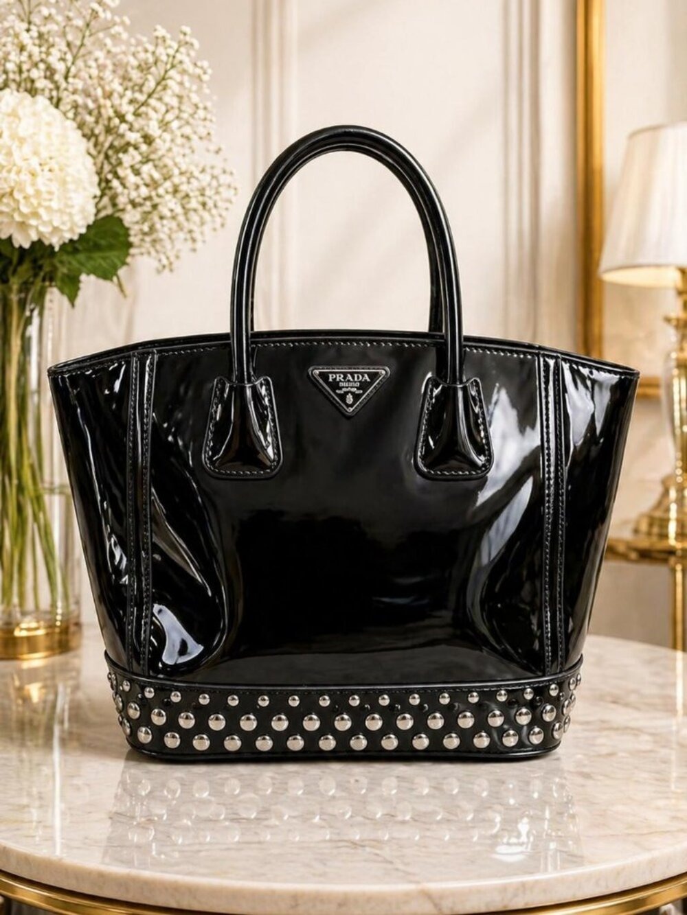 Authentic Prada Patent Leather Studded Tote Black Spazzolato Shoulder Bag